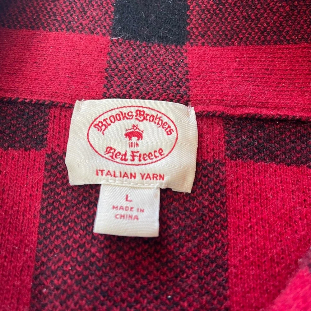 Brooks Brothers Red Black Shawl Collar Plaid Sweater Men's L‎ Italian Yarn Wool